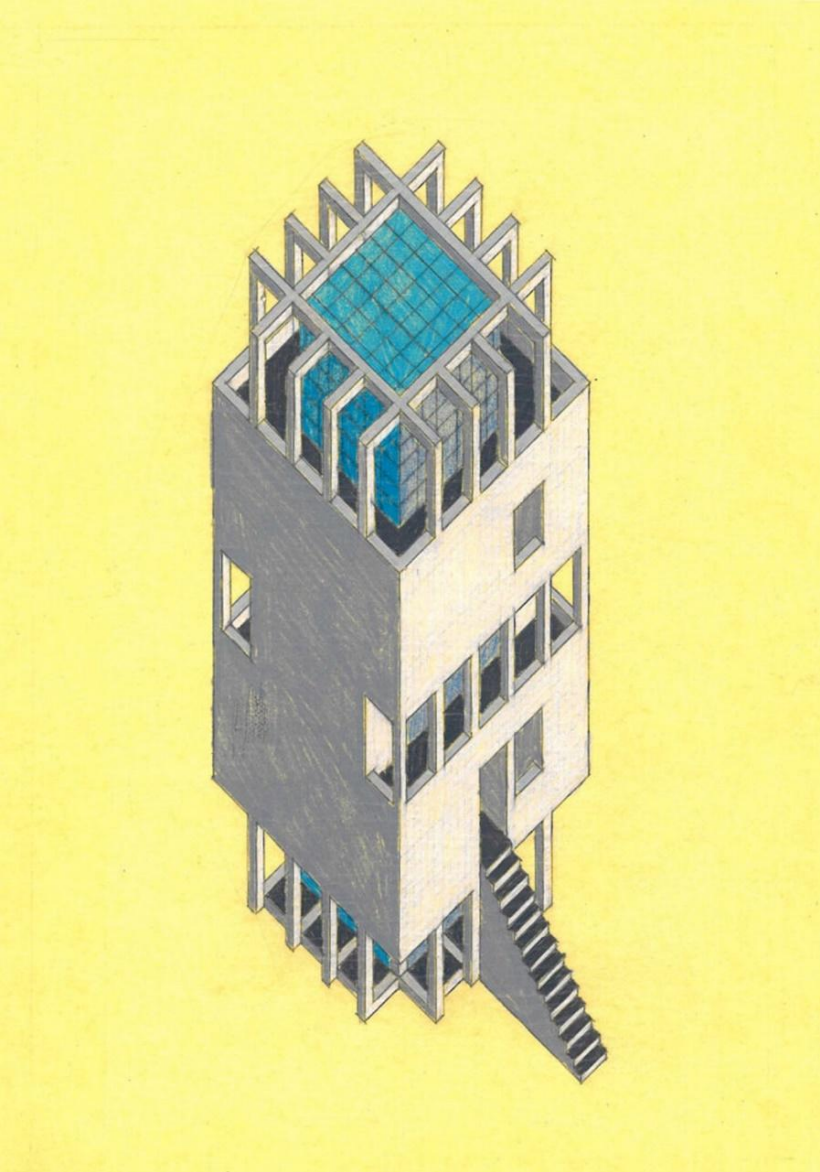 Isometrische Zeichnung: modernes mehrstöckiges Haus auf Stelzen mit Außentreppe, Fenstern und blauem Dachaufbau vor gelbem Hintergrund